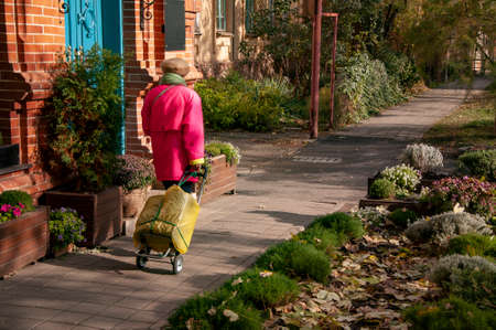 elderly woman with a bag on wheels on the streetの写真素材