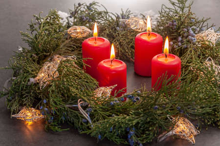 Advent Or Christmas Wreath With Four Red Wax Candles.の写真素材