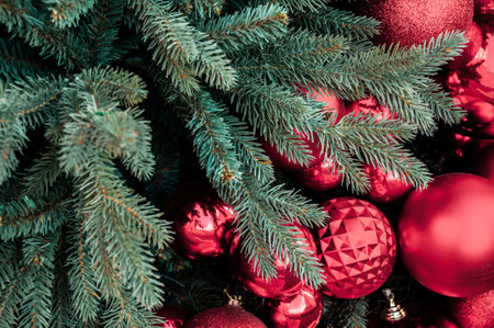 Red Christmas ball on Christmas tree New year decorationsの写真素材
