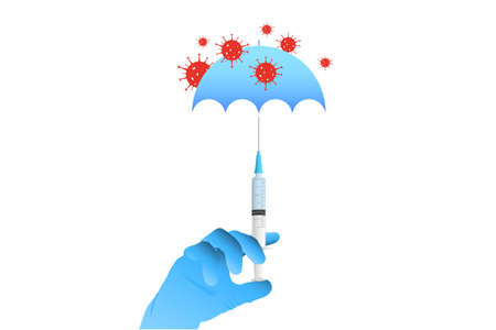 Doctors hand is wearing a glove with a syringe injection vaccination medicine.のイラスト素材