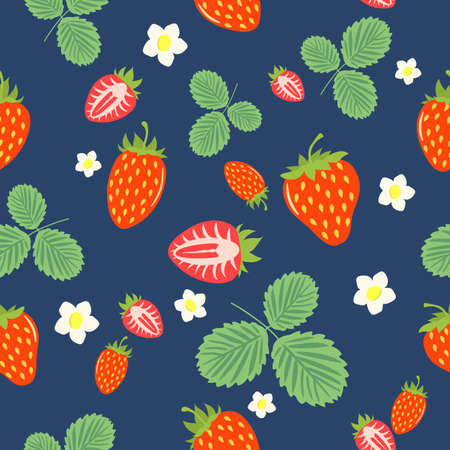 Seamless pattern of ripe wild berries, strawberries with flowers and leaves, design for textiles, posters, labels.のイラスト素材