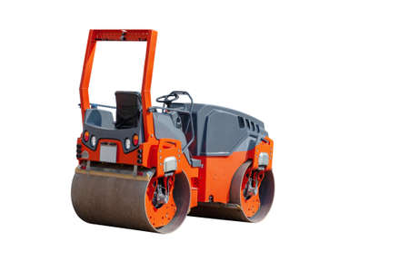 Asphalt compactor. Orange Road roller isolated on white background. Angle back view of the modern...