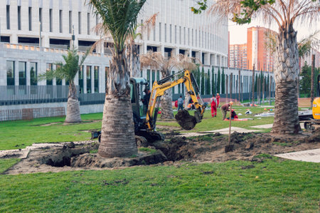 Krasnodar, Russia - October 12 2021: Mini excavator in the park near the stadium. Minibagger at work