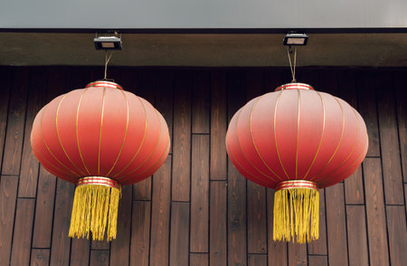 Red lantern for Chinese new year decoration. Chinese New Year in celebration of luck, healthiness, happiness, reunion and prosperities.の写真素材