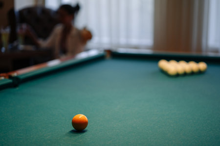 High Angle View Of Balls Billiard On Table.
