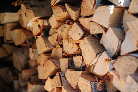 Split firewood used to heat a farm house and the farms greenhouses.の写真素材