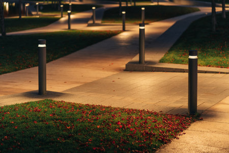 Row Of Outdoor Landscape Hard Paving Light. Lighting element on the green lawn along the footpath. Modern lighting system in landscape design.の写真素材