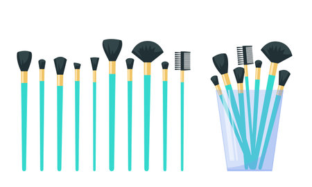 Set of makeup brushes, make up brushes in the glass. Flat vector illustration isolated on white backgroundのイラスト素材