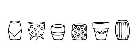 Set of flower pots, garden and interior objects outline vector sketch. Collection of hand drawn vintage plant pots and vasesのイラスト素材