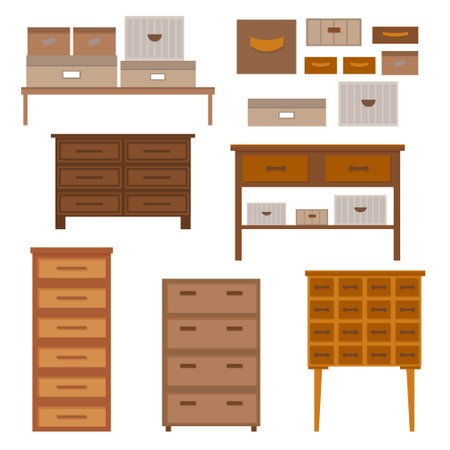 Set of modern wooden furniture for home office or bedroom, living room. Chest of drawers, wardrobes, shelves and storage boxes isolated on white backgroundのイラスト素材