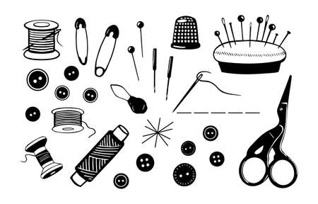 Set of sewing and embroidery tools and materials. Different sewing needlework elements isolated on white backgroundのイラスト素材