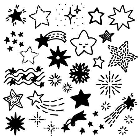 Set of black hand drawn doodle stars. Vector illustration isolated on white background.のイラスト素材