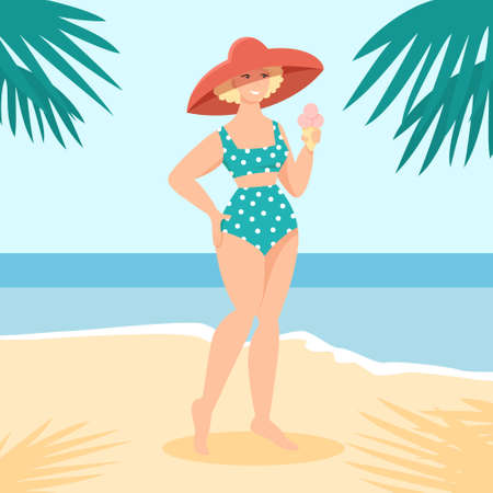 Flat style vector illustration of young woman wearing a mint and white polka dot bikini and big hat in retro pinup style. Female character at the beach summer background with palm leaves and seaのイラスト素材