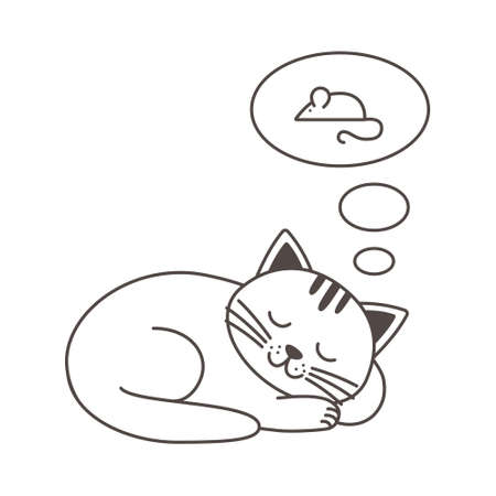 Cute cat sleeping and dreaming about mouse. Funny cartoon animal character design. Outline vector isolated illustration for nursery room, kids apparel, greeting cards, poster, invitationのイラスト素材