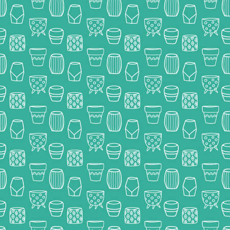 Seamless pattern with white flowerpots on a mint background. Vector doodle style backgroundのイラスト素材