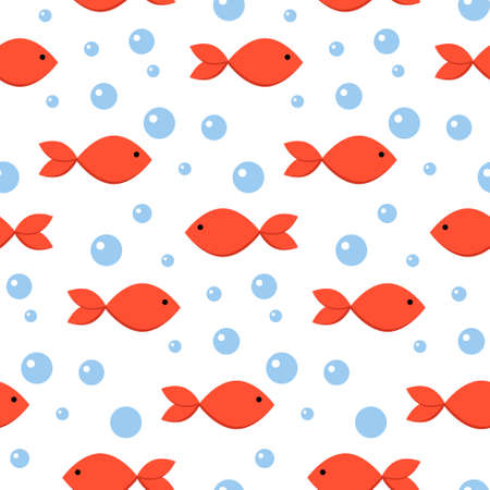 Cute seamless pattern with minimalistic red fishes and bubbles on white. Designed for nursery room, kids apparel, baby fabrics, wallpaper, wrapping paper. Flat vector illustrationのイラスト素材