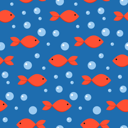 Cute seamless pattern with minimalistic red fishes and bubbles on dark blue backgruond. Designed for nursery room, kids apparel, baby fabrics, wallpaper, wrapping paper. Flat vector illustrationのイラスト素材