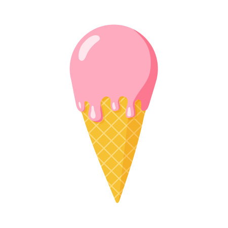 Melting strawberry ice cream in waffle cone. Flat style Isolated vector illustration for web design or printのイラスト素材