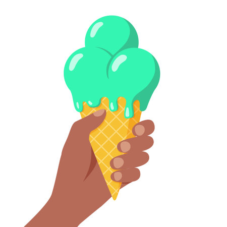 Black Hand Holds Ice Cream Waffle Cone. Melting ice cream in human hand. Isolated flat vector illustrationのイラスト素材
