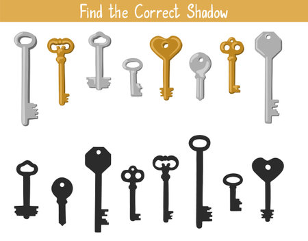 Shadow Matching Game for Children. Find the correct shadow educational task for kids. Find the right shadow for keysのイラスト素材