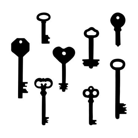 Vintage and Modern Keys Set. Hand Drawn Key Silhouette. Isolated Vector Illustrationのイラスト素材
