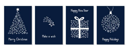 Christmas and New Year Set of Greeting Cards, Posters, Xmas Covers. Holiday design with stars and snowflakes on dark blue background in modern line art style. Vector illustrationのイラスト素材