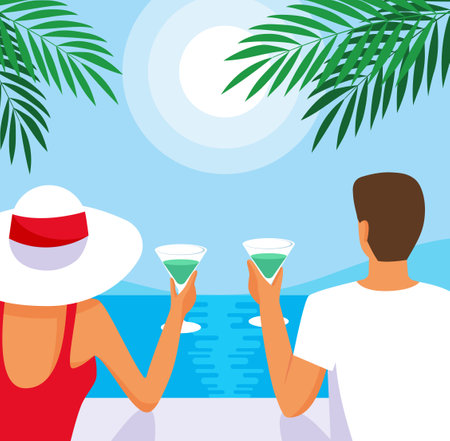 Young couple with cocktails on the tropical beach spending summer time. Back view of man and woman watching the seaside. Sunny summer vacation card or poster vector illustrationのイラスト素材