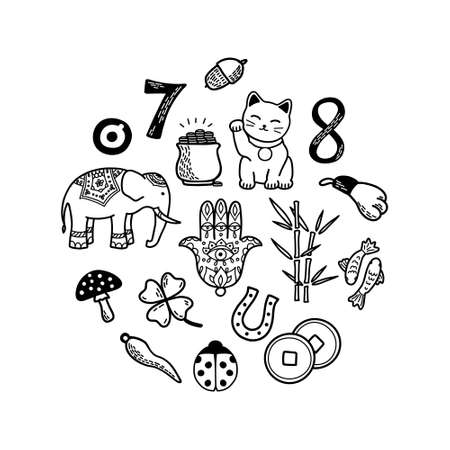 Good Luck and Fortune Symbols Set. European and Asian talismans and charms doodle vector illustration. Symbols of success and prosperityのイラスト素材