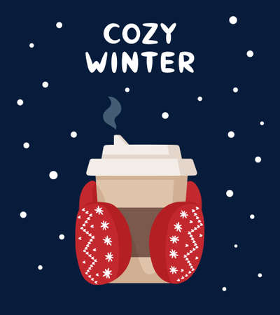 Winter Poster with Two Hands in Gloves Holding a Cup of Hot Drink. Warm and cozy winter concept. Knitted red mittens with white snowflakes. Flat vector illustrationのイラスト素材