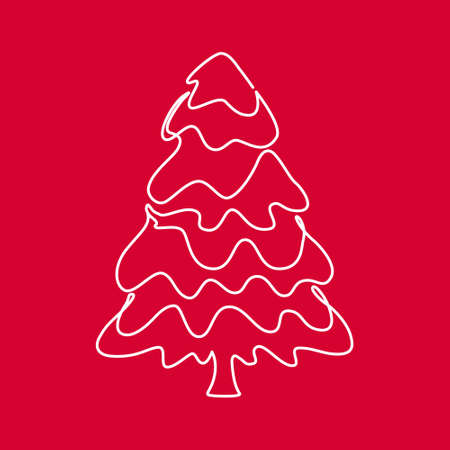 Fir Tree with Snow Outline Vector Illustration. Line art on a red background. Christmas decorative element for web, cards, postersのイラスト素材