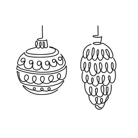 Christmas Ball and Fir Cone Outline Vector Illustration. One Line Art. Christmas decorative elements for web, cards, postersのイラスト素材