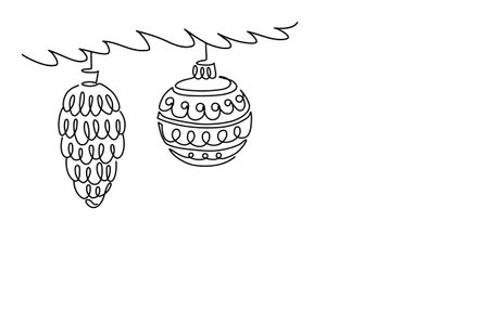Christmas Ball and Fir Cone on Fir Branch Outline Vector Illustration. One Line Art. Template for web, Christmas cards, postersのイラスト素材