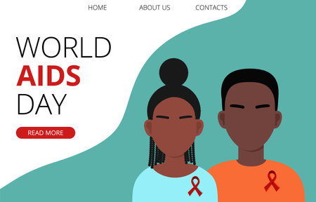 World Aids Day template with young black man and woman with red ribbon, solidarity with HIV-positive and living with AIDS people. Awareness campaign. Landing page horizontal template, posterのイラスト素材