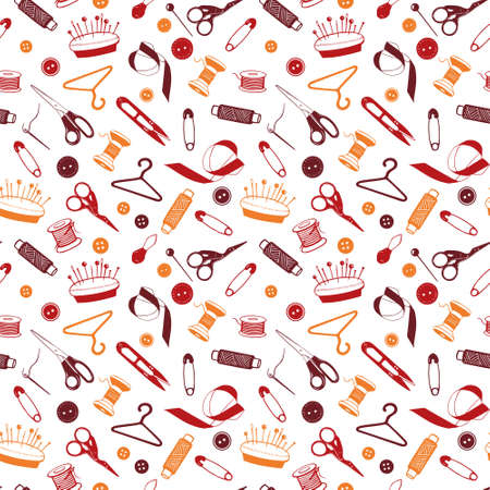 Sewing Tools Seamless Pattern, hand drawn elements. Tailoring accessories - threads, scissors, needles, pins, buttons. Vector background for seamstress, atelier, fashion designのイラスト素材