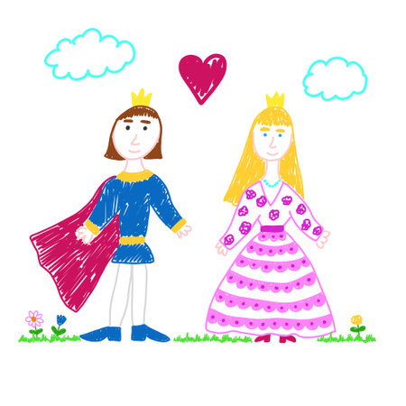 Princess and prince in love. Childrens drawing. Fairy tale Isolated vector illustrationのイラスト素材
