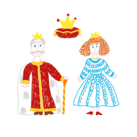 Queen and king. Royal family from fairy tale. Childrens drawing. Isolated vector illustrationのイラスト素材