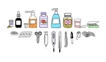 Set of first aid elements. Hand drawn medical tools, bottles for liquid medicine and pills. Doodle style, isolated medical symbolsのイラスト素材