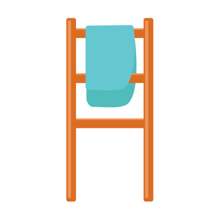 Towel hanging on a wooden ladder. Standing towel rack. Design interior element. Hanger for clothes or towels in the bathroom. Flat style Isolated vector illustrationのイラスト素材