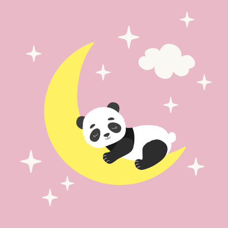 Cute panda bear sleeping on moon with stars. Kawaii animal character design. Flat vector illustration for nursery room, greeting cards, poster, invitationのイラスト素材