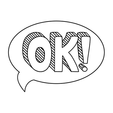 Hand drawn speech bubble element with OK text. Comic doodle sketch style. Doodle vector sticker. Outline vector illustrationのイラスト素材