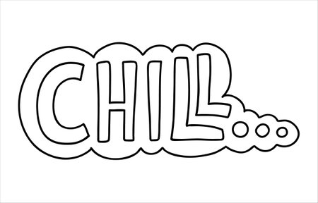Hand drawn element with Chill lettering. Lettering on 90s or Y2k style on white background. Doodle sketch style. Vector sticker. Outline vector illustrationのイラスト素材