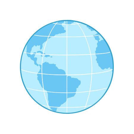 Model of the Earth, blue globe with map, oceans and land, parallels and meridians. Isolated vector illustrationのイラスト素材