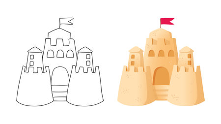 Sand castle simple outline and cartoon style illustration on white background. Sand fortress with towers on the beach, isolated objectsのイラスト素材