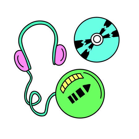 Retro CD Player, Headphones and compact disc. Portable audio player, 90s musical equipment. Pop...