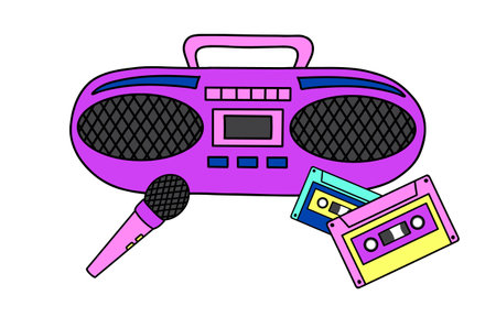 Retro tape recorder with audio cassettes and microphone. Portable stereo radio cassette boombox. Pop culture from 90s concept. 90s 00s style hand drawn vector illustrationのイラスト素材