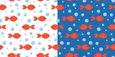 Cute red fish paired seamless pattern. Minimalistic red fishes and bubbles on white and dark blue background. Designed for nursery room, kids apparel, baby fabrics, wallpaper, wrapping paperのイラスト素材