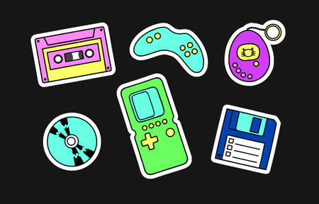 90s Devices Nostalgic Stickers Set. Retro gadgets for video games, console games, data storage...