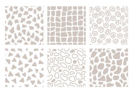 Seamless patterns pastel set in minimalistic style. Mid century aesthetic background. Geometric shapes. Vector print for wallpaper, fabric etc.のイラスト素材
