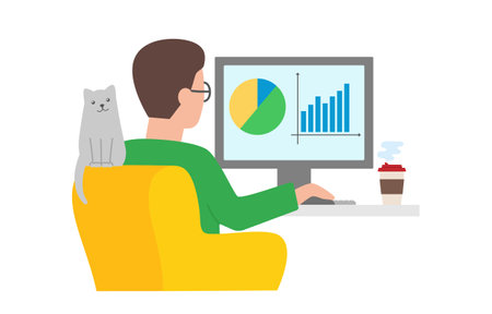 Business analyst, trader or financier concept. Person works on computer showing charts in the monitor. Businessman analyzing statistics graphs. Flat vector illustrationのイラスト素材