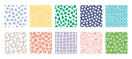Seamless patterns pastel set in minimalistic style. Mid century aesthetic background. Geometric shapes. Vector print for wallpaper, fabric etc.のイラスト素材